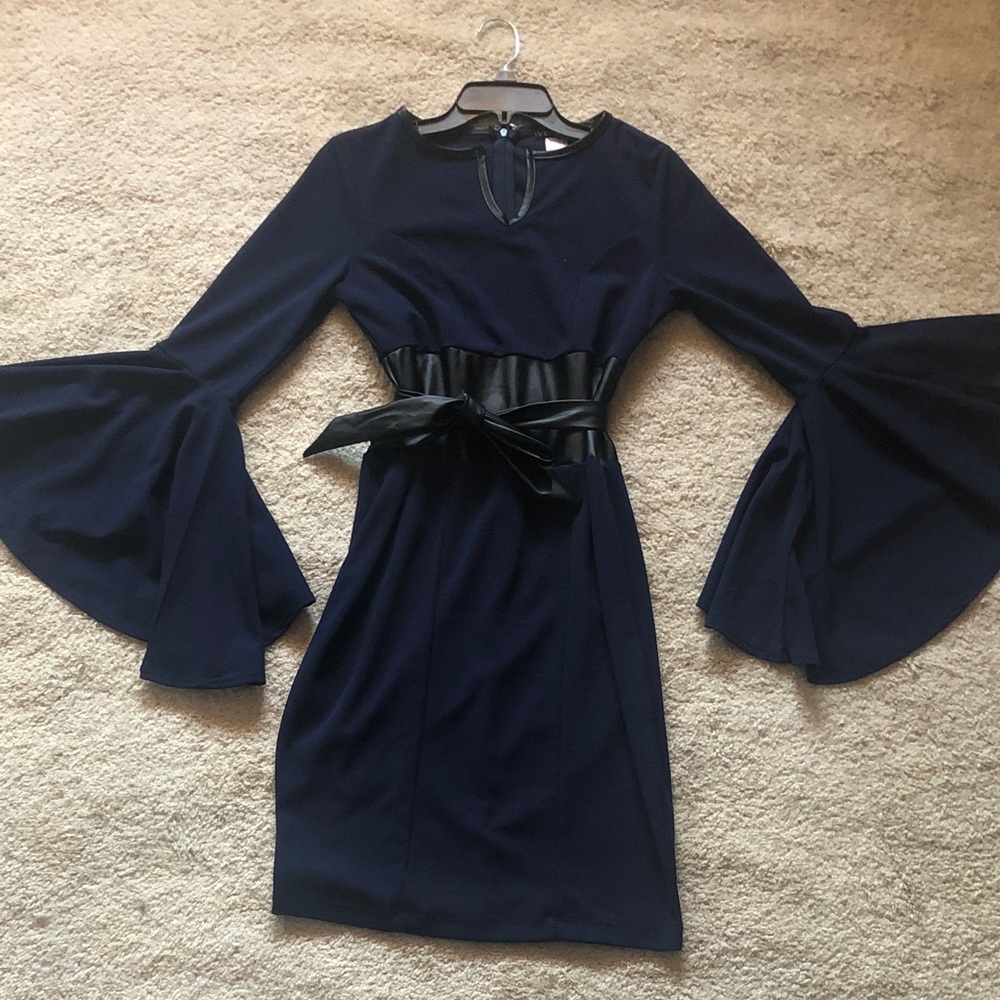 Venus Navy Blue Bell Sleeve Dress with faux leather detail.  Size 8.